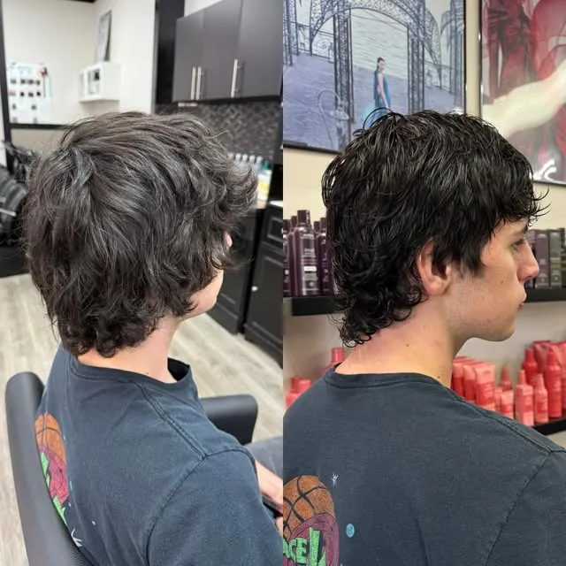 Men's textured curly haircut before and after