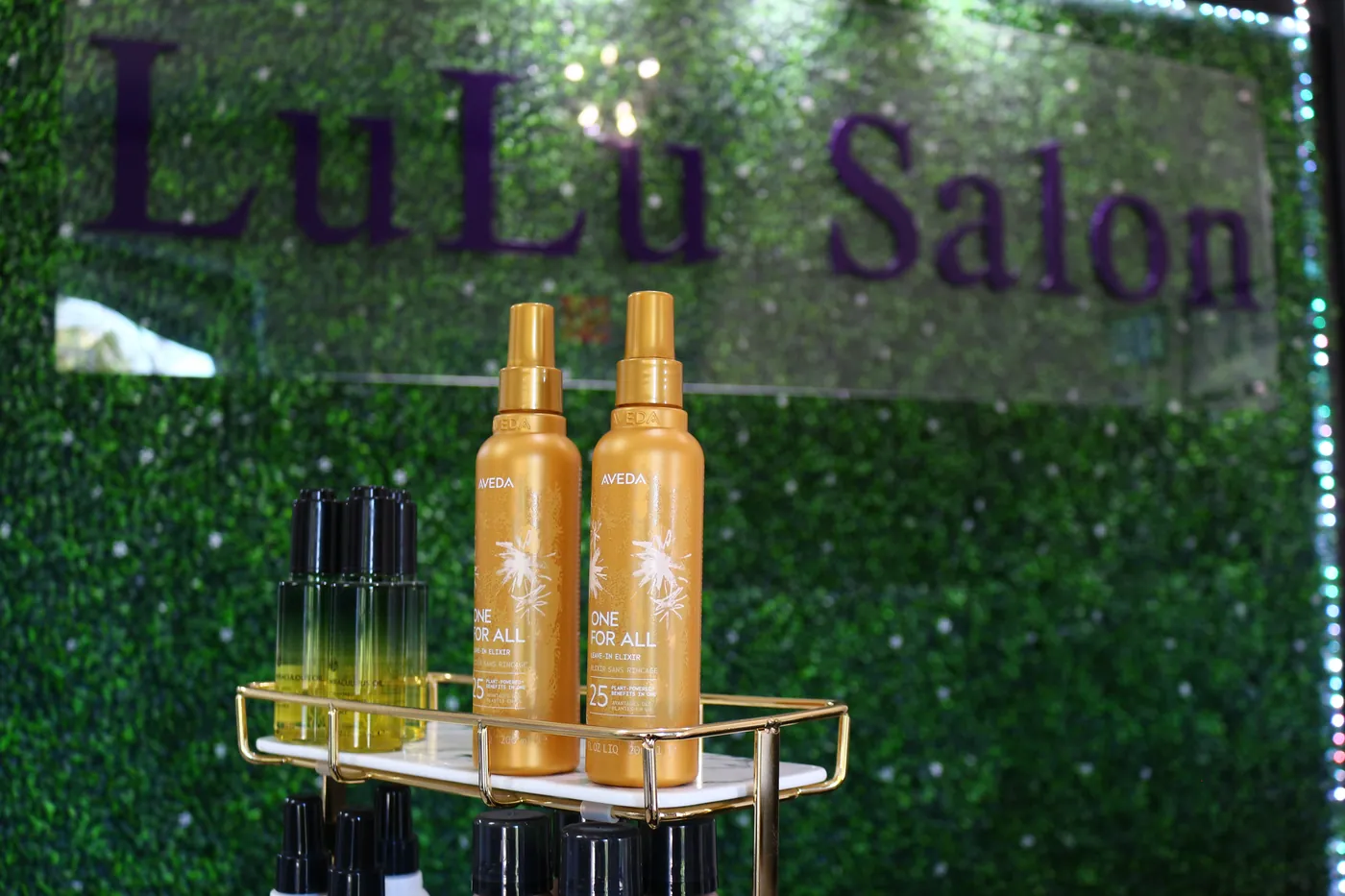 Aveda styling products in front of the LuLu Salon green wall